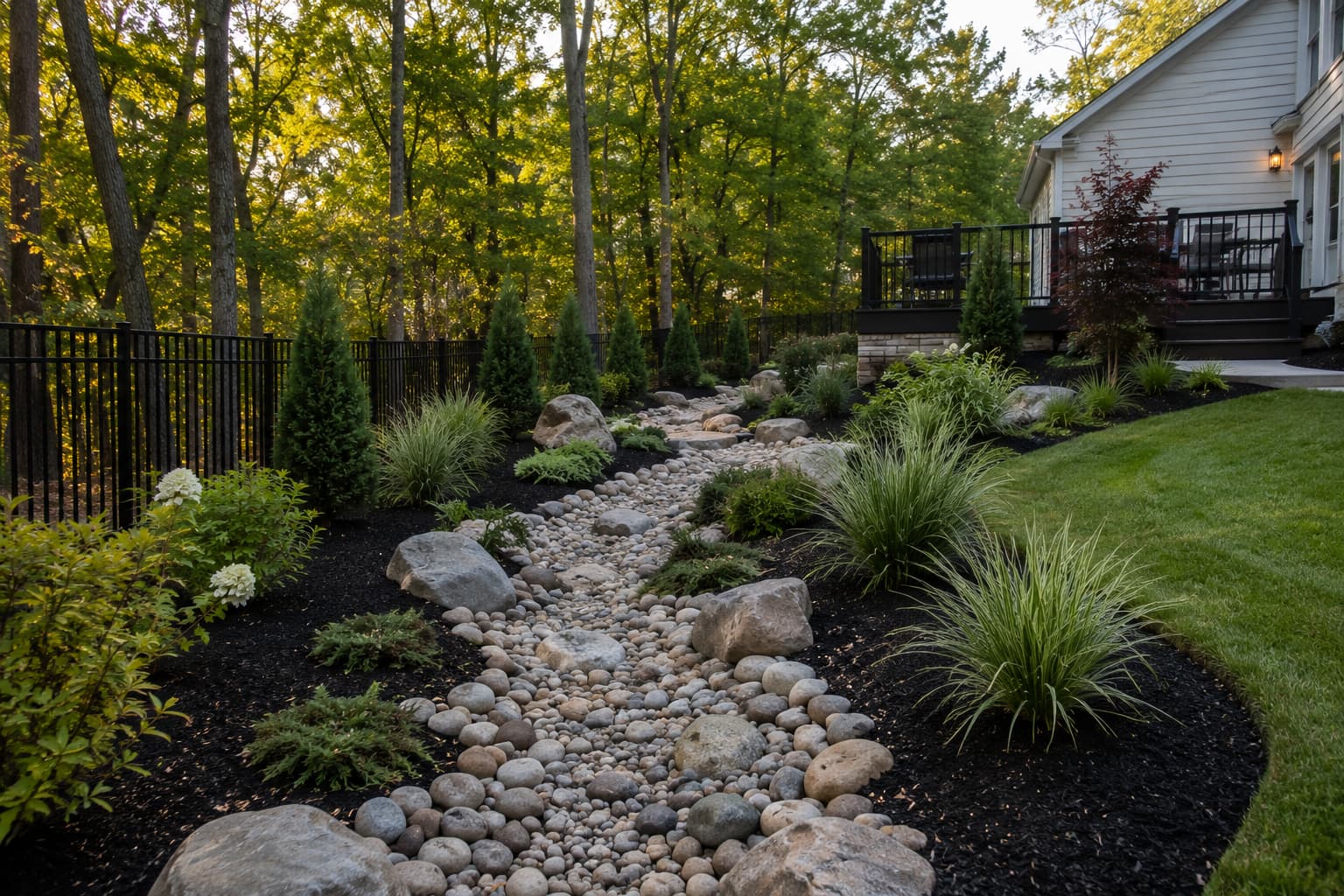 Dry creek bed lined with river rock channeling water through a garden
